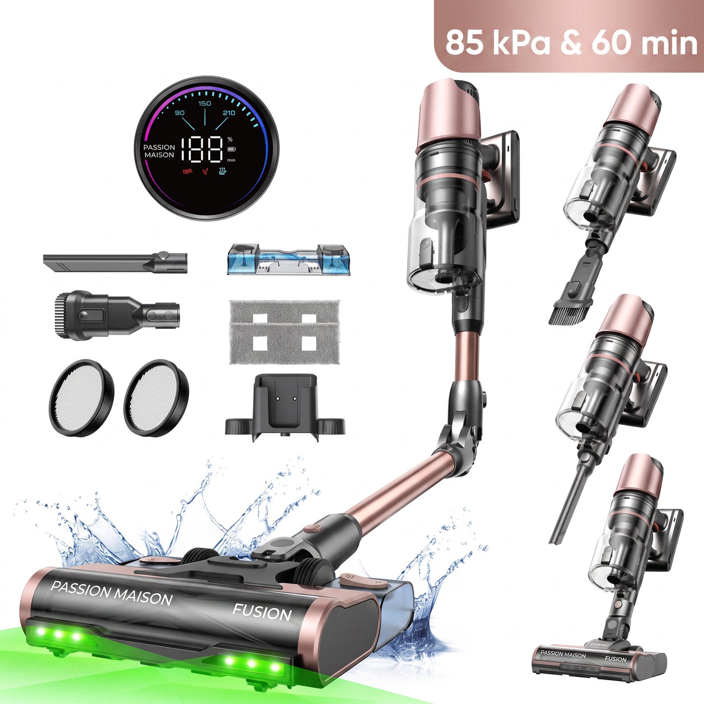 Aspirateur Balai Sans Fil Fusion – Aspiration & Lavage 2-en-1 – 85 KPa – 60 min