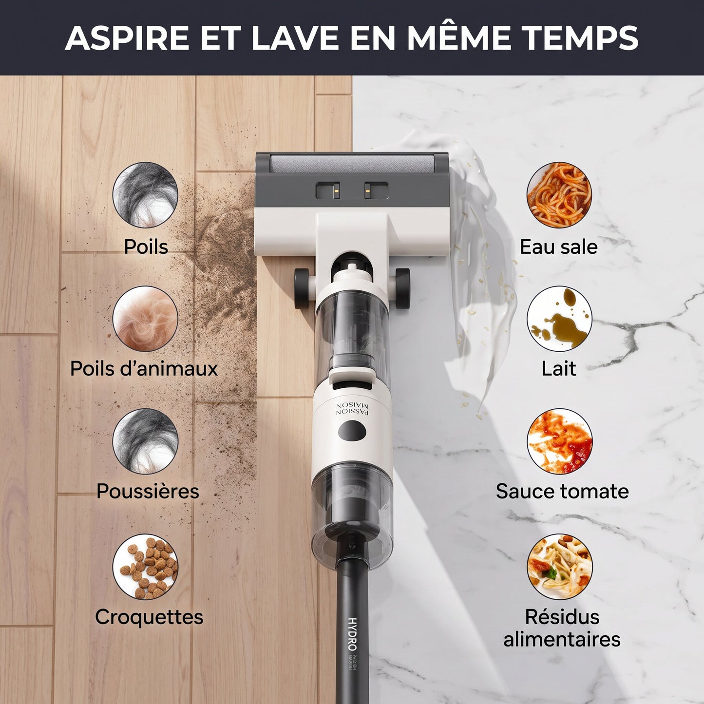 Aspirateur Laveur Sans Fil Hydro – Aspire & Lave – 9 kPa – 30 min – Double Réservoir 1,3 L – Autonettoyage