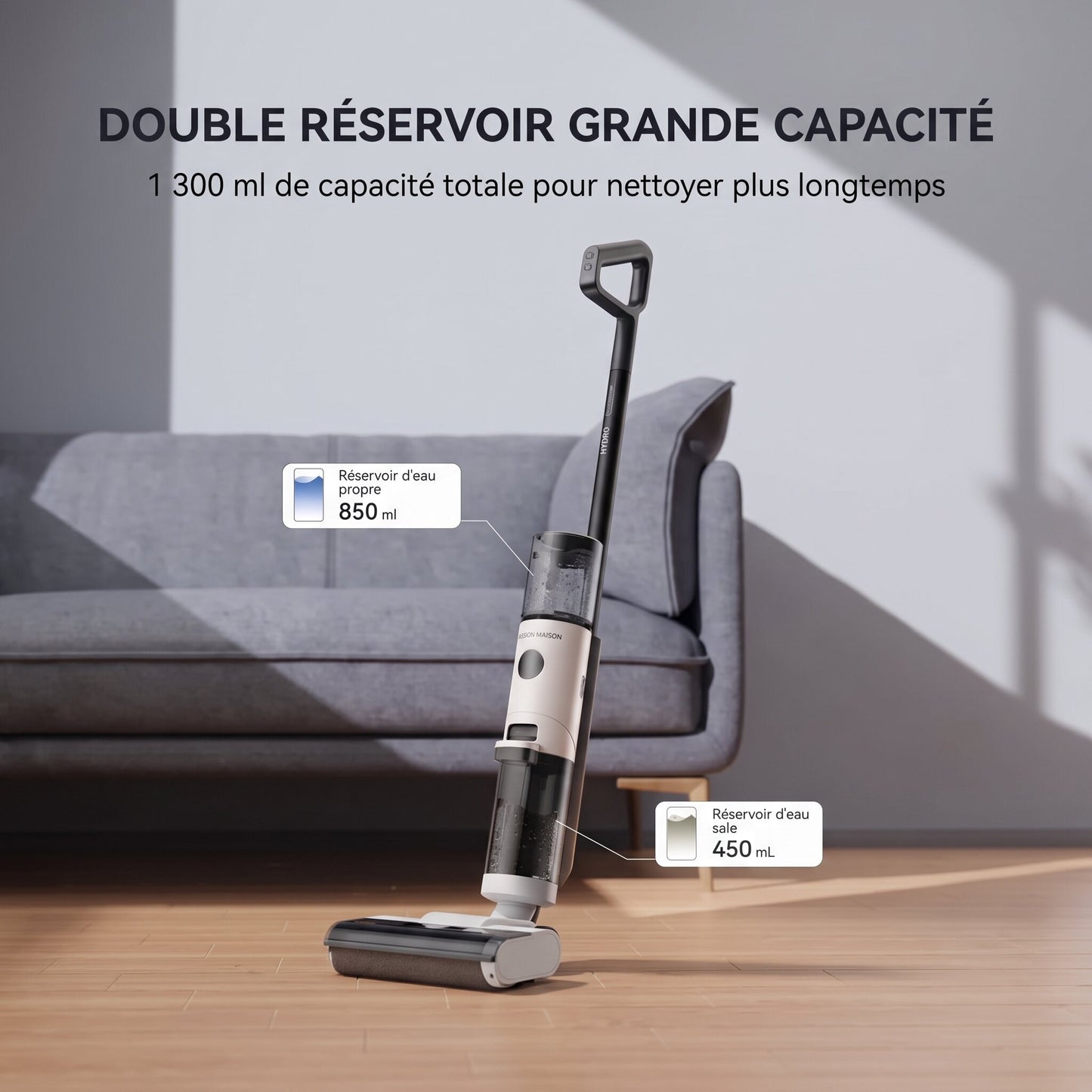 Aspirateur Laveur Sans Fil Hydro – Aspire & Lave – 9 kPa – 30 min – Double Réservoir 1,3 L – Autonettoyage