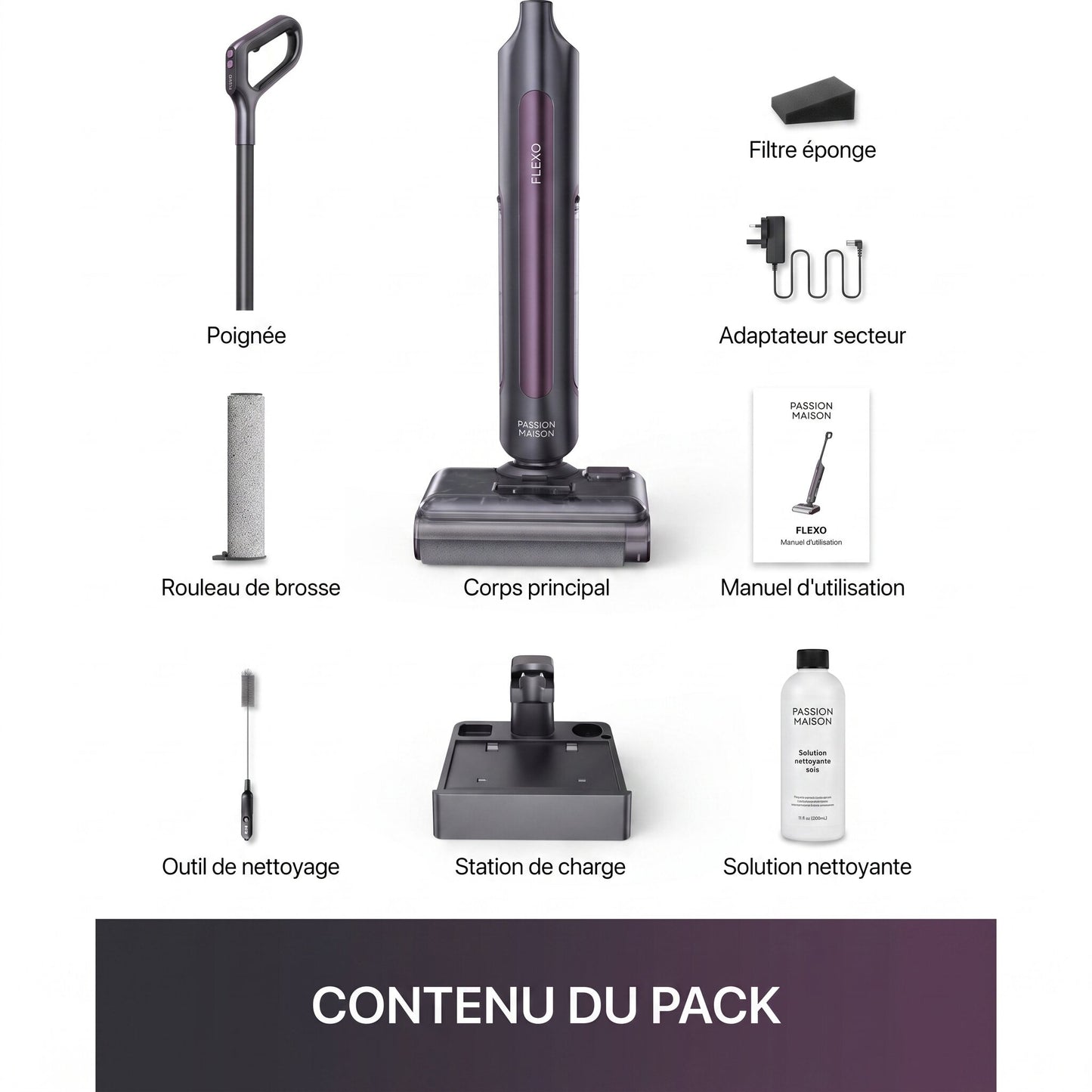 Aspirateur Laveur Sans Fil Flexo 3-en-1 – 25 kPa – Design Plat 180° – Autonomie 60 min